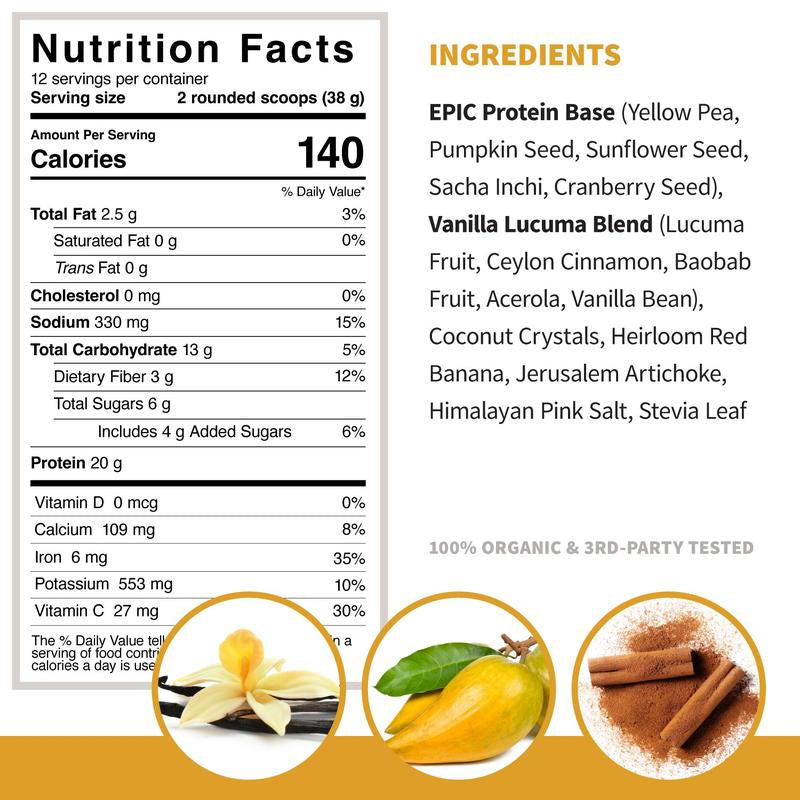Sprout Living Epic Protein Organic Plant Based Vegan Non Dairy Non-Gmo Gluten Free Low Sugar 1 Pound Vanilla Lucuma Flavor - 20G Protein per Serving- Dietary