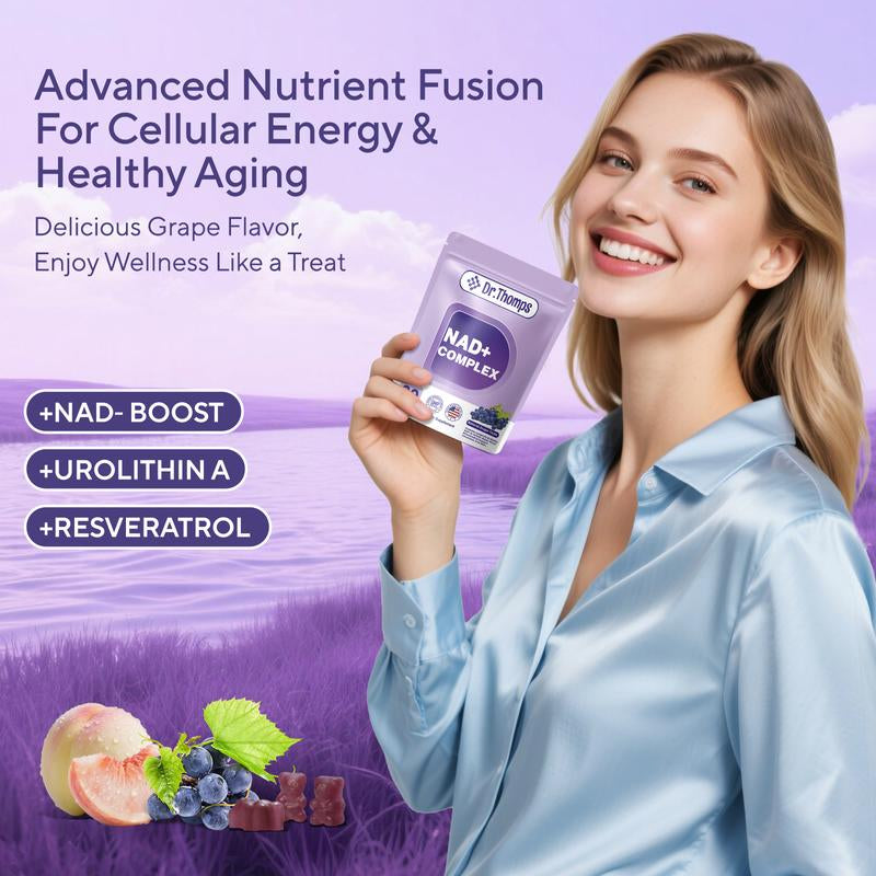 Dr. Thomps NAD+ Energy Gummies – Anti-Aging & Focus Support | Tasty Grape Flavor like Candy | Boost Brain & Cellular Health | 60 Count | for Men & Women | Vegan & Non-Gmo