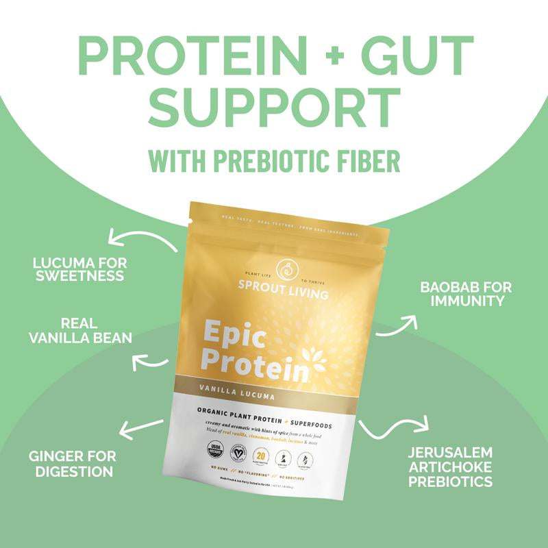 Sprout Living Epic Protein Organic Plant Based Vegan Non Dairy Non-Gmo Gluten Free Low Sugar 1 Pound Vanilla Lucuma Flavor - 20G Protein per Serving- Dietary
