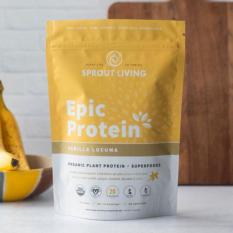 Sprout Living Epic Protein Organic Plant Based Vegan Non Dairy Non-Gmo Gluten Free Low Sugar 1 Pound Vanilla Lucuma Flavor - 20G Protein per Serving- Dietary