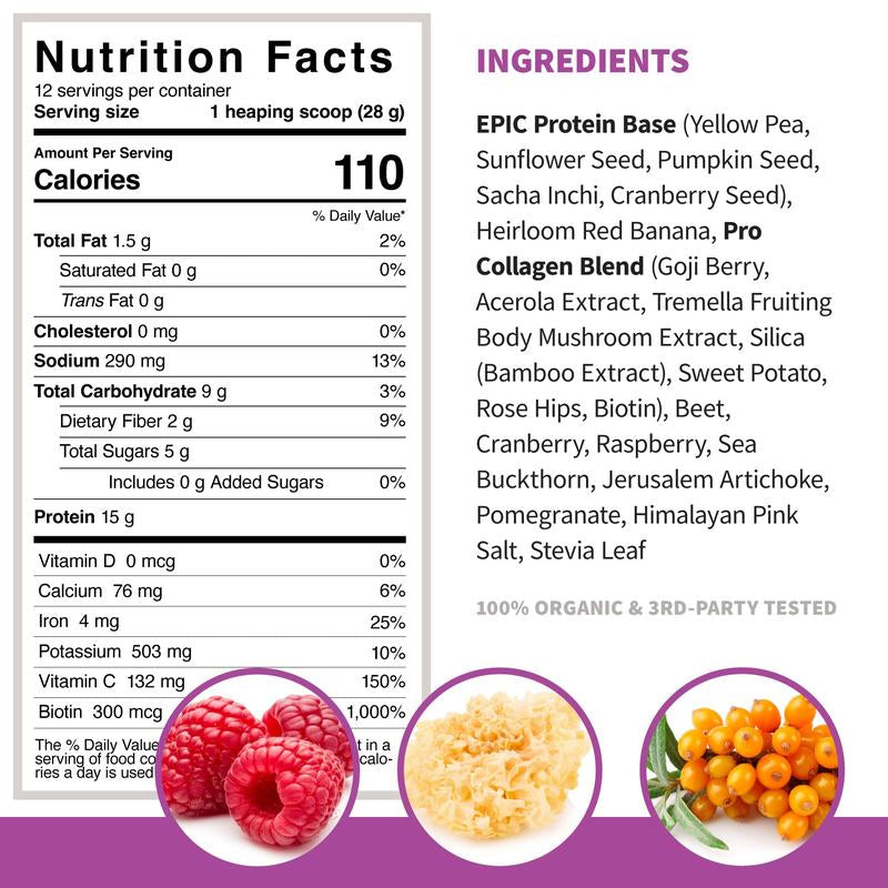 Sprout Living Epic Protein Pro Collagen Organic Plant Protein & Superfoods Powder 336G Vegan Dairy Non-Gmo Gluten Free Sugar Free Perfect Keto Drink Mix with Biotin for Hair Nails Beauty and Wellness - Berry