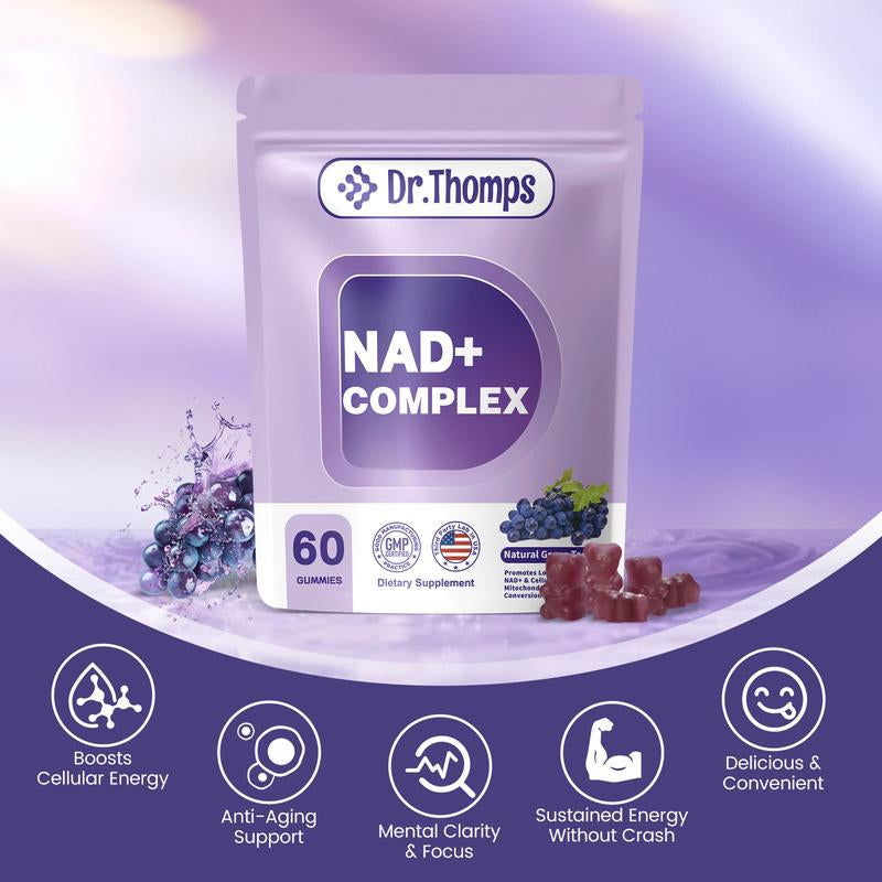 Dr. Thomps NAD+ Energy Gummies – Anti-Aging & Focus Support | Tasty Grape Flavor like Candy | Boost Brain & Cellular Health | 60 Count | for Men & Women | Vegan & Non-Gmo
