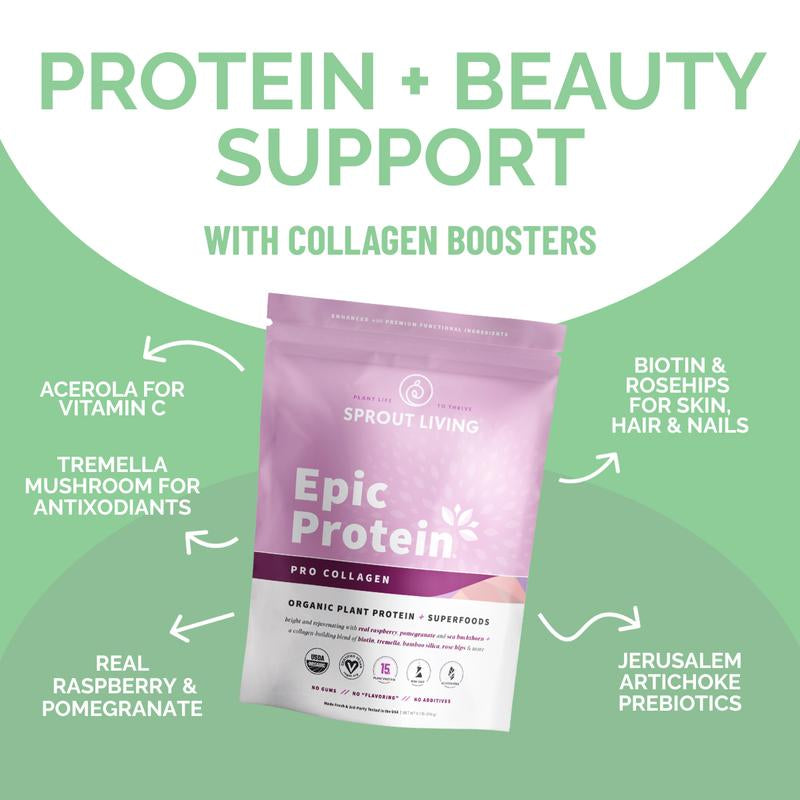 Sprout Living Epic Protein Pro Collagen Organic Plant Protein & Superfoods Powder 336G Vegan Dairy Non-Gmo Gluten Free Sugar Free Perfect Keto Drink Mix with Biotin for Hair Nails Beauty and Wellness - Berry