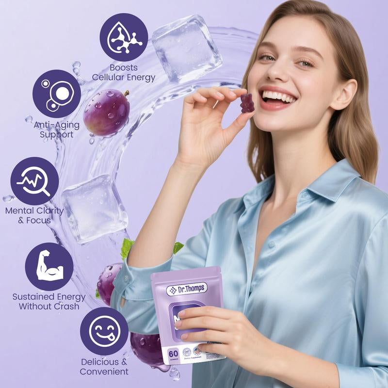 Dr. Thomps NAD+ Energy Gummies – Anti-Aging & Focus Support | Tasty Grape Flavor like Candy | Boost Brain & Cellular Health | 60 Count | for Men & Women | Vegan & Non-Gmo