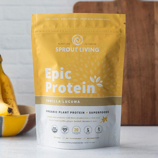 Sprout Living Epic Protein Organic Plant Based Vegan Non Dairy Non-Gmo Gluten Free Low Sugar 1 Pound Vanilla Lucuma Flavor - 20G Protein per Serving- Dietary