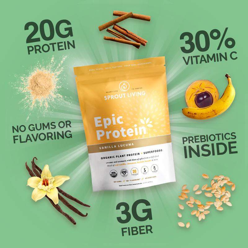 Sprout Living Epic Protein Organic Plant Based Vegan Non Dairy Non-Gmo Gluten Free Low Sugar 1 Pound Vanilla Lucuma Flavor - 20G Protein per Serving- Dietary