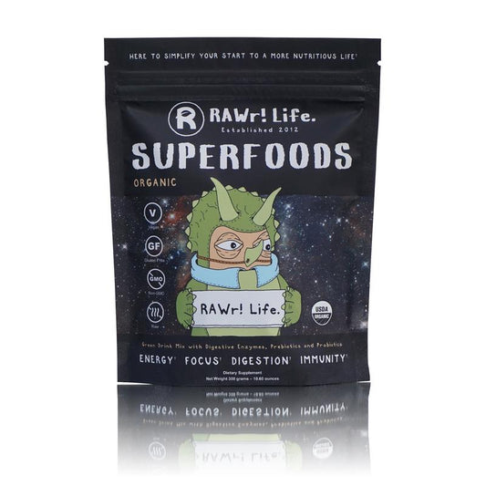 Rawr! SUPERFOODS - W Digestive Enzymes Probiotics & Prebiotics Green Drink Powder - Certified Organic - Created by Pro Skateboarder John Motta & Pro Bmxer/Rare Fruit Grower Joey Motta