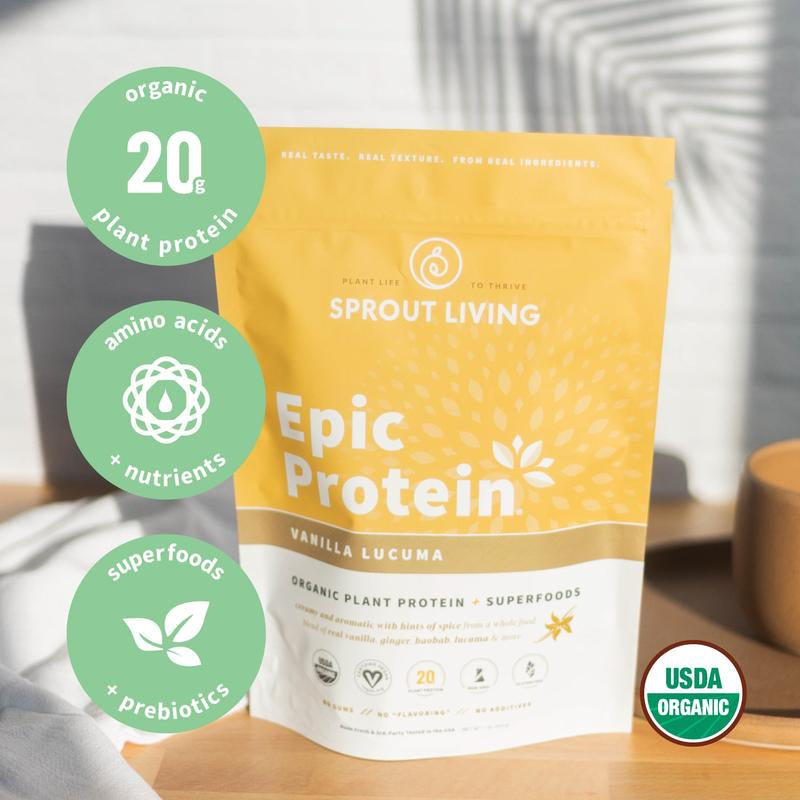 Sprout Living Epic Protein Organic Plant Based Vegan Non Dairy Non-Gmo Gluten Free Low Sugar 1 Pound Vanilla Lucuma Flavor - 20G Protein per Serving- Dietary