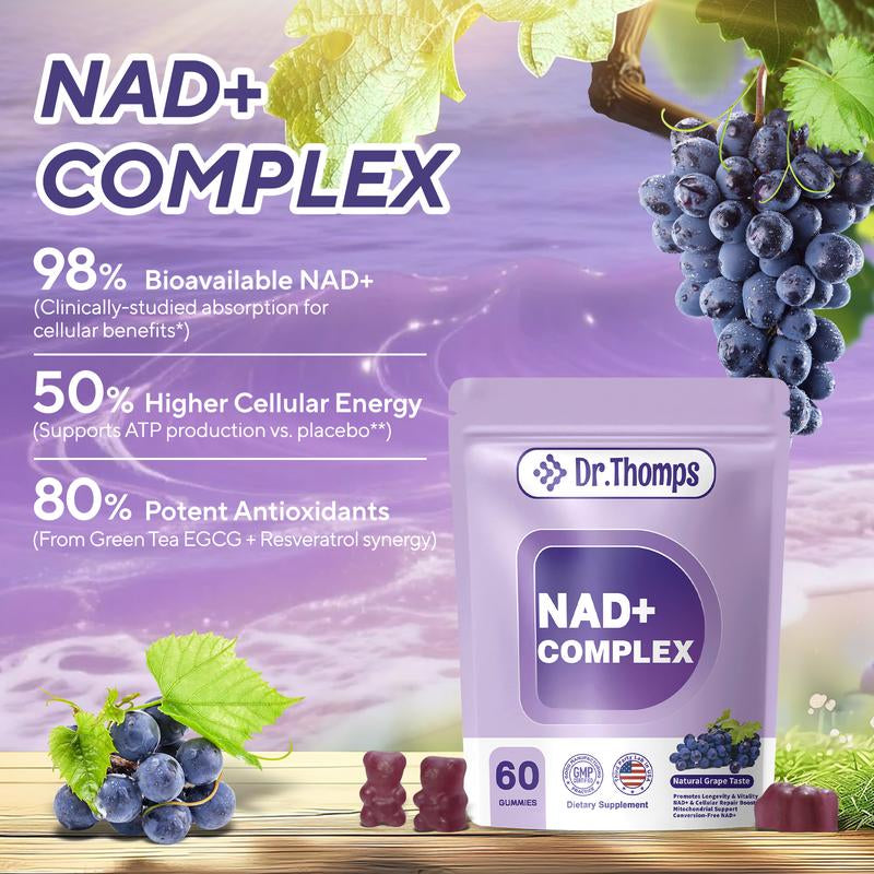 Dr. Thomps NAD+ Energy Gummies – Anti-Aging & Focus Support | Tasty Grape Flavor like Candy | Boost Brain & Cellular Health | 60 Count | for Men & Women | Vegan & Non-Gmo