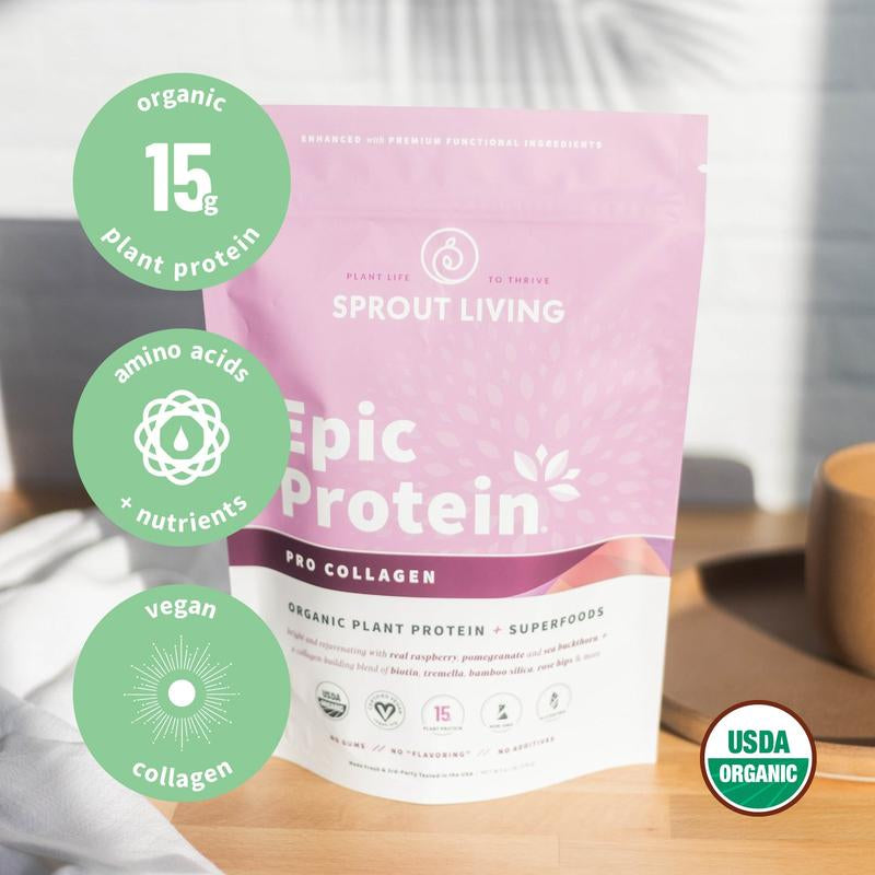 Sprout Living Epic Protein Pro Collagen Organic Plant Protein & Superfoods Powder 336G Vegan Dairy Non-Gmo Gluten Free Sugar Free Perfect Keto Drink Mix with Biotin for Hair Nails Beauty and Wellness - Berry